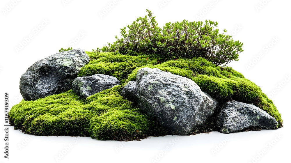 Mossy rocks on a lush green hillside, isolated on white background, showcasing detailed texture, vibrant green moss, and soft natural lighting for a zen garden aesthetic. Mossy rocks on a lush green hillside, isolated on white background, showcasing detailed texture, vibrant green moss, and soft natural lighting for a zen garden aesthetic.