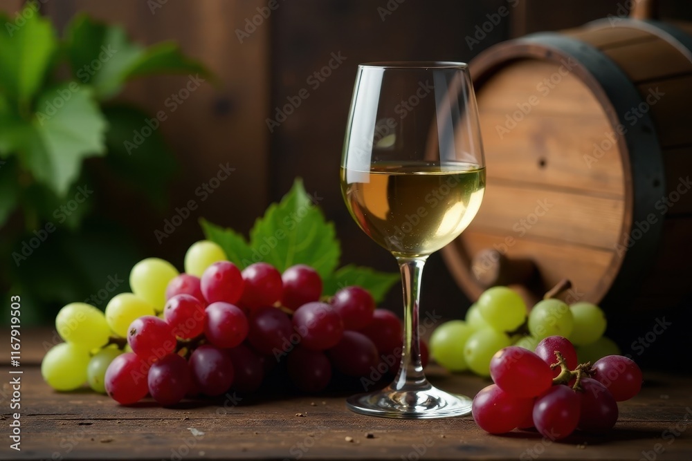 Elegant glass, Sauvignon Blanc, ripe grapes, wooden cask, tabletop, background