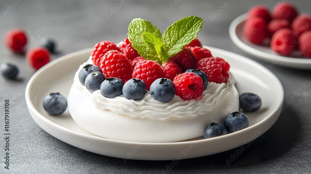 Pavlova cake topped with fresh raspberries, blueberries, and mint leaves, presented on a white plate with clean background, high-key lighting, and crisp details for professional food styling.
