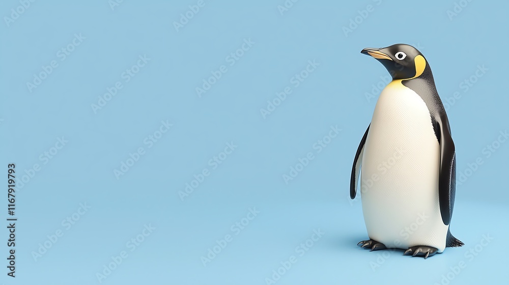 Obraz premium A solitary penguin stands against a light blue background, showcasing its distinctive black and white plumage and vibrant yellow markings.