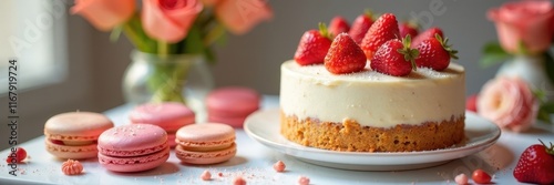 Elegant wedding dessert table with macarons and cake , beautiful, refined