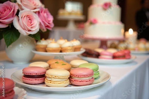 Elegant wedding dessert table with macarons and cake pops, sweet, beautiful