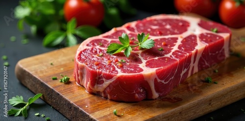 Fresh raw prime black angus beef steak on wooden board, plate, wood