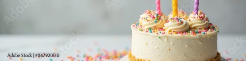 Frosted vanilla birthday cake with colorful sprinkles, isolated , buttercream, deliciousness