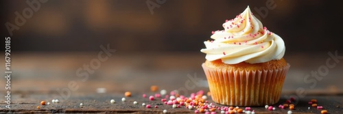 Frosted cupcake, sprinkles, wooden background, blueberry, sprinkles