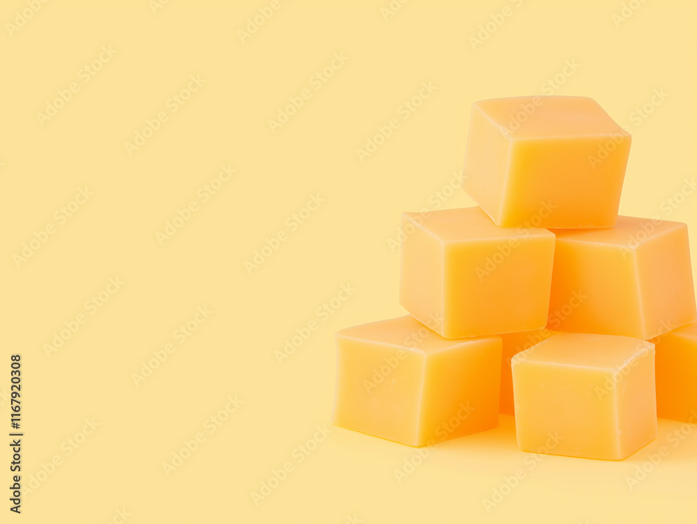 Tasty Snack Revisited: Cheddar Cheese Cubes on Yellow Background Tasty Snack Revisited: Cheddar Cheese Cubes on Yellow Background