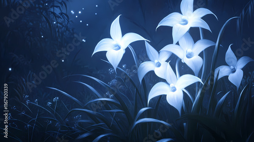 Angraecum orchid, starshaped white blooms glowing in moonlight, ethereal garden. Starshade. Illustration photo