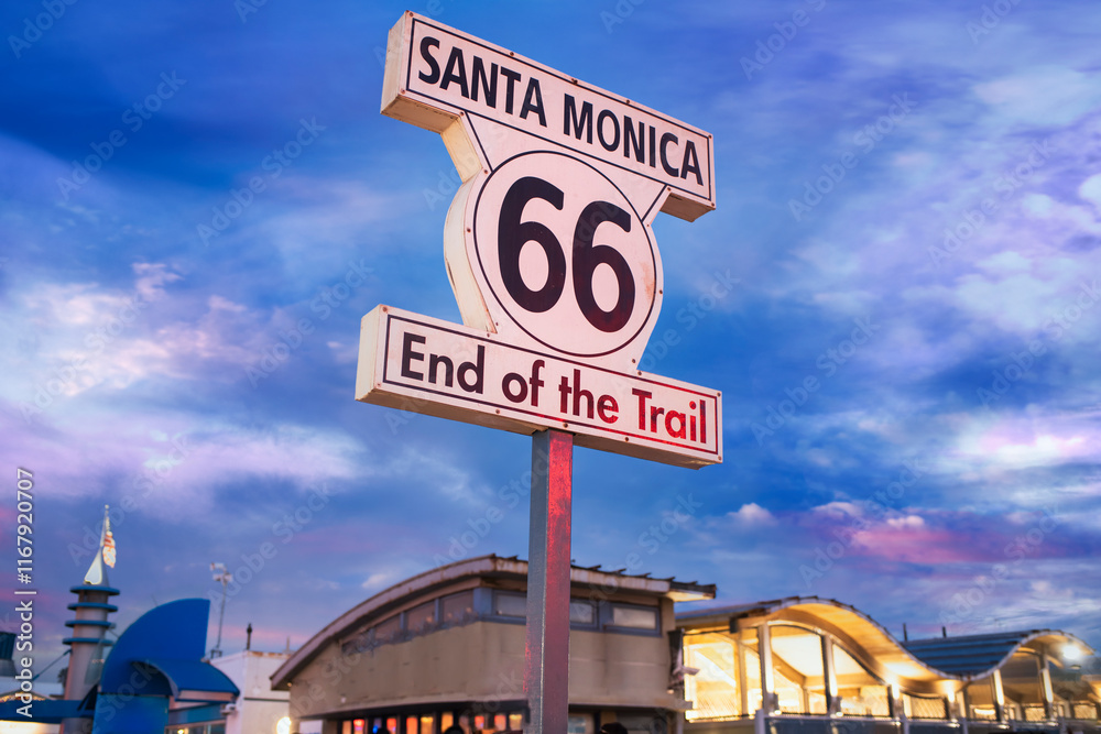 Obraz premium Route 66 sign with a cloudscape in the background 