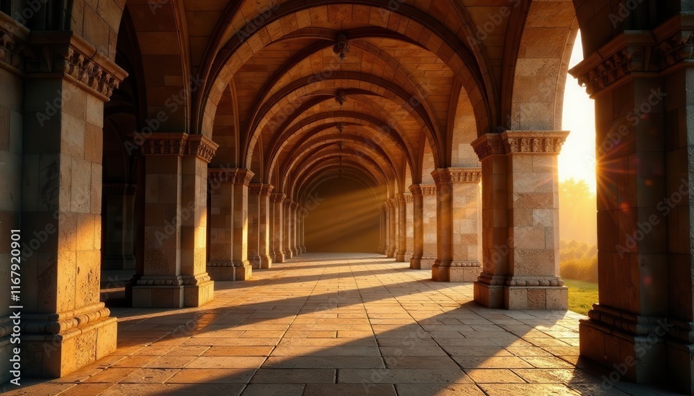 Golden dawn illuminates gothic cloister arches, stone textures sharp , daybreak, texture Golden dawn illuminates gothic cloister arches, stone textures sharp , daybreak, texture