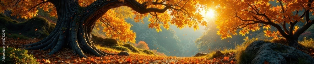 Golden leaves fall from ancient, gnarled branches in autumnal forest , scene, golden leaves Golden leaves fall from ancient, gnarled branches in autumnal forest , scene, golden leaves
