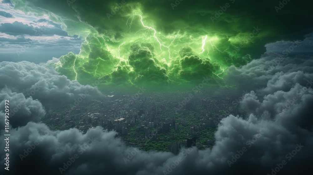 Naklejka premium Eerie green thunderstorm clouds looming over cityscape