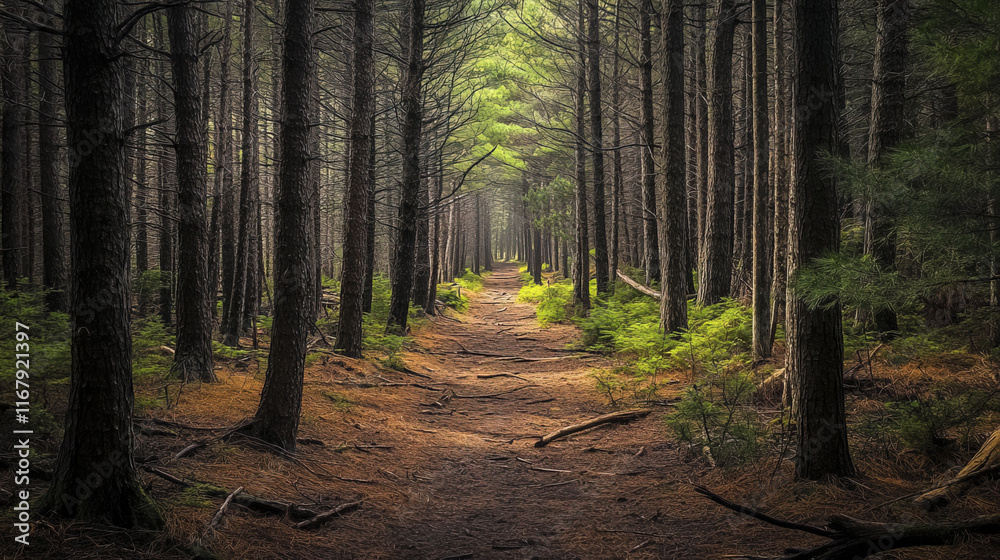 Fototapeta premium serene pine forest path, surrounded by tall trees and soft light