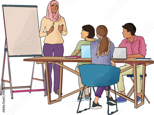 Group Gathered Around a Board Illustration