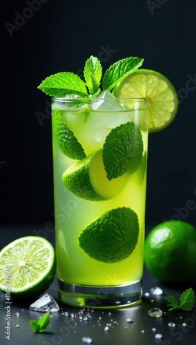 Iced mojito with lime wedges and mint sprigs Dark setting , drinkware, fresh