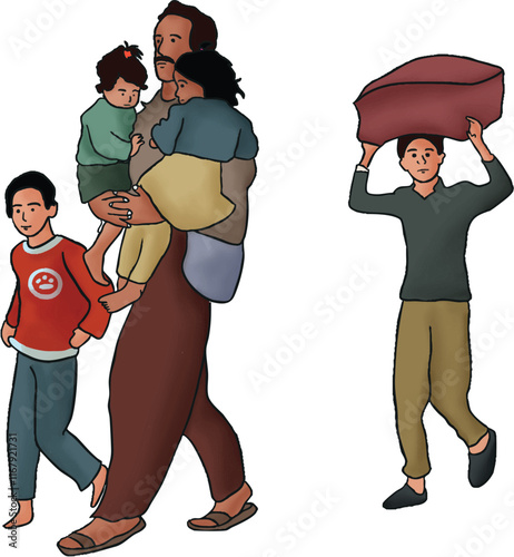 A Father Carrying His Children to Safety During a Natural Disaster