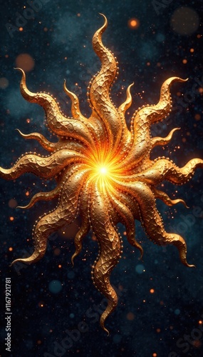 Intricate gold fractal burst, radiating outwards , illustration, sophisticated