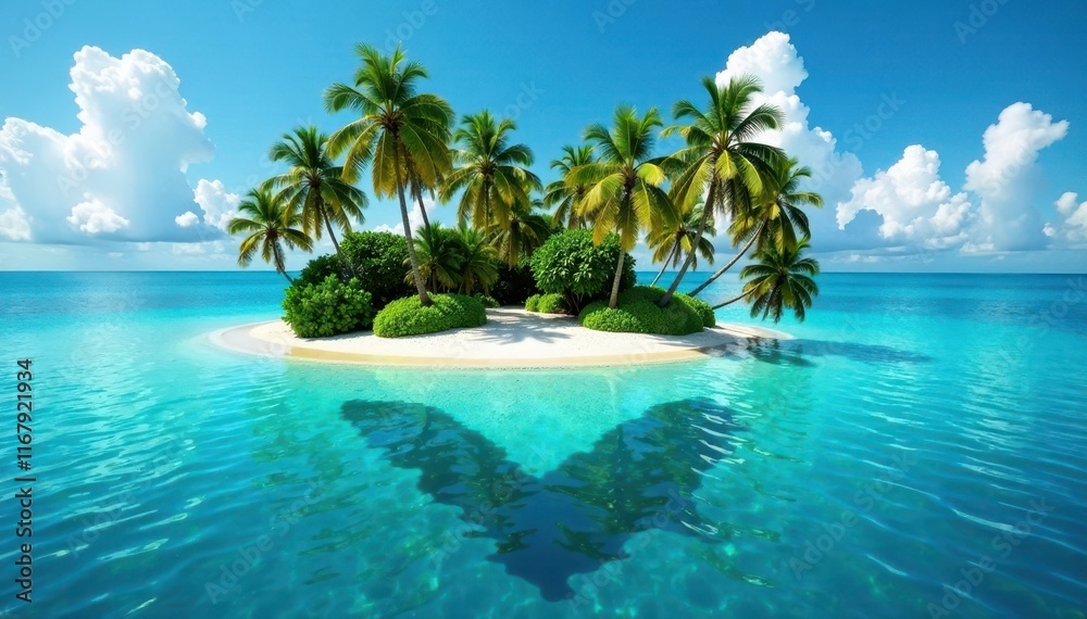 Island in Heart Shape with Palm Trees, turquoise water and crystal clear sky, idyllic, tropical paradise Island in Heart Shape with Palm Trees, turquoise water and crystal clear sky, idyllic, tropical paradise