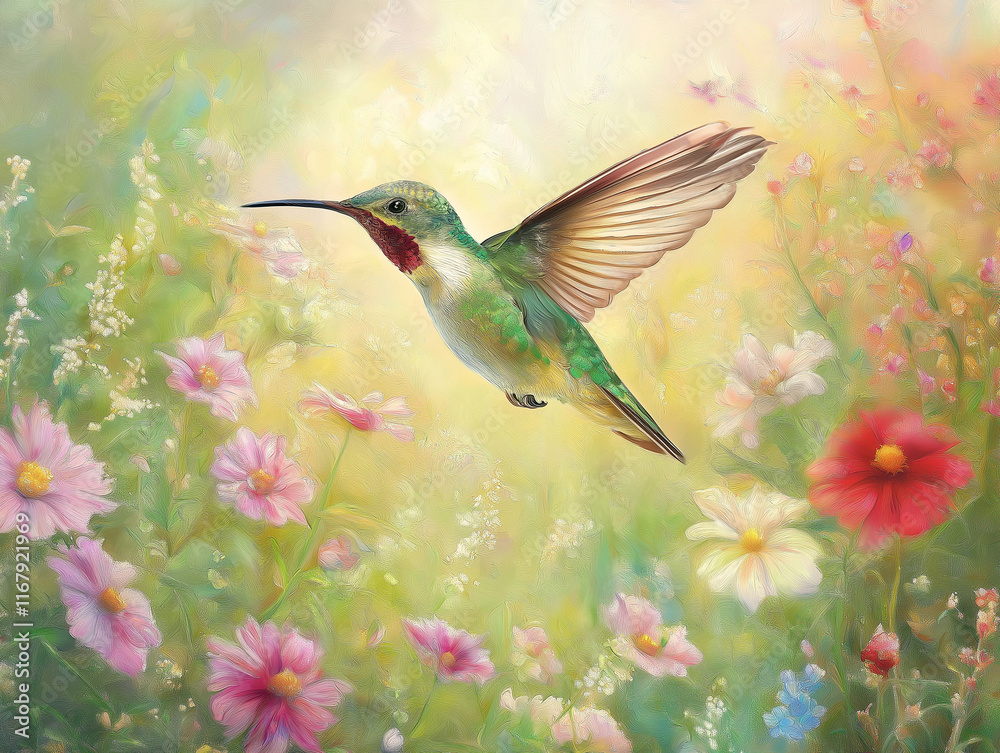 Fototapeta premium Luminous Hummingbird Soaring Through Pastel-Colored Skies Elegantly