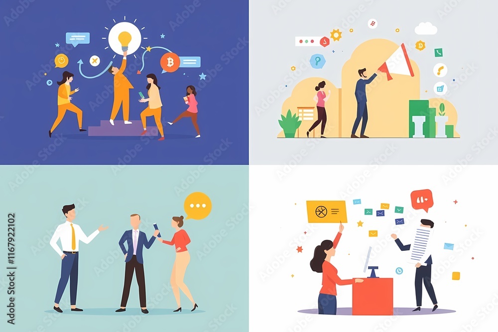 Modern Business Concepts: A set of four illustrations depicting diverse individuals engaging in various business activities, such as brainstorming, communication, and teamwork. Modern Business Concepts: A set of four illustrations depicting diverse individuals engaging in various business activities, such as brainstorming, communication, and teamwork.