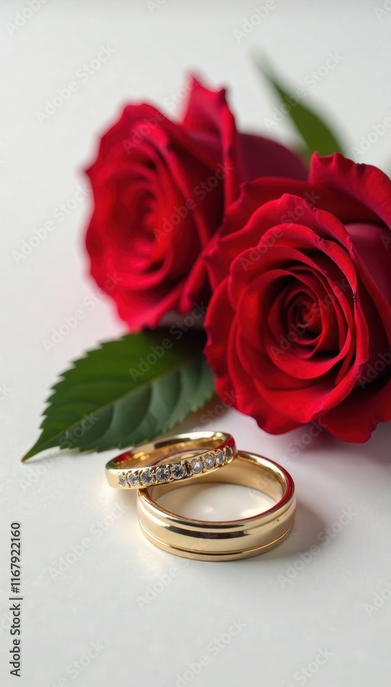 Luxurious red roses & elegant rings, pristine white backdrop, backdrop, white background Luxurious red roses & elegant rings, pristine white backdrop, backdrop, white background