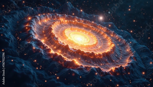 Majestic golden spiral galaxy, scattered starlight across dark void, celestial bodies, luminescent