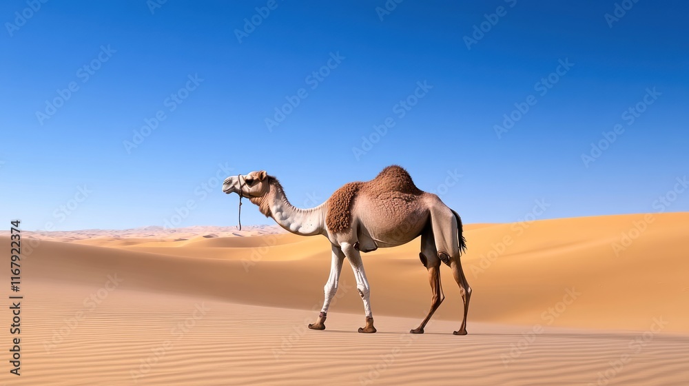 A camel walking through a vast desert landscape under a clear sky. A camel walking through a vast desert landscape under a clear sky.