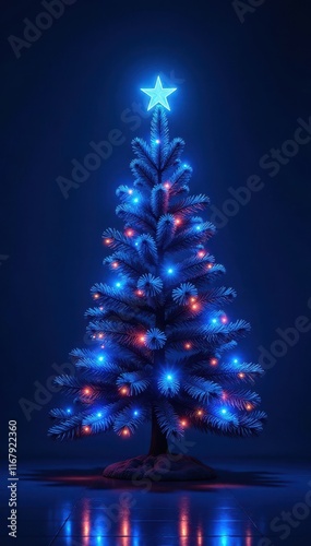Neon blue Christmas tree, vibrant lights, dark backdrop, night, bright