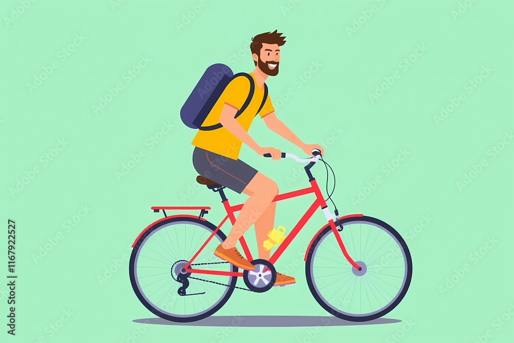 Joyful Bike Ride: A happy man with a beard rides a bicycle, enjoying a sunny day. He's wearing a backpack, suggesting a journey of exploration and adventure. Joyful Bike Ride: A happy man with a beard rides a bicycle, enjoying a sunny day. He's wearing a backpack, suggesting a journey of exploration and adventure.