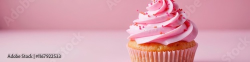 Pastel pink cupcake with swirl frosting, sprinkles , treat, colorful