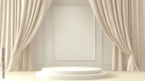 Elegant beige curtains frame a white cylindrical podium and blank poster.