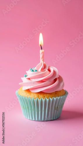 Pastel pink backdrop, decorated cupcake with lit candle , background, vibrant