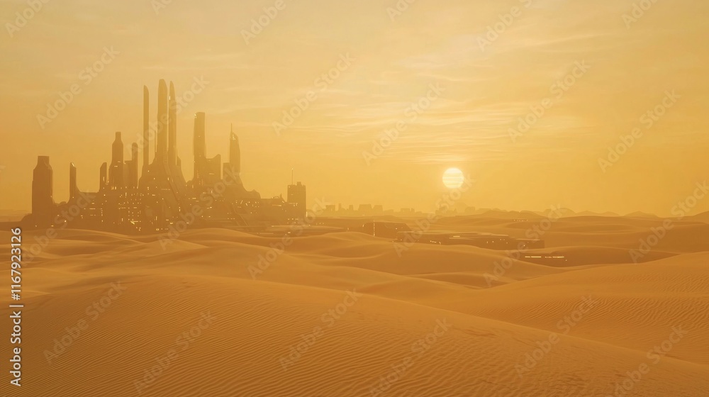 Futuristic Desert Horizon: Vast Sand Dunes and Silhouettes in Cinematic Haze Futuristic Desert Horizon: Vast Sand Dunes and Silhouettes in Cinematic Haze