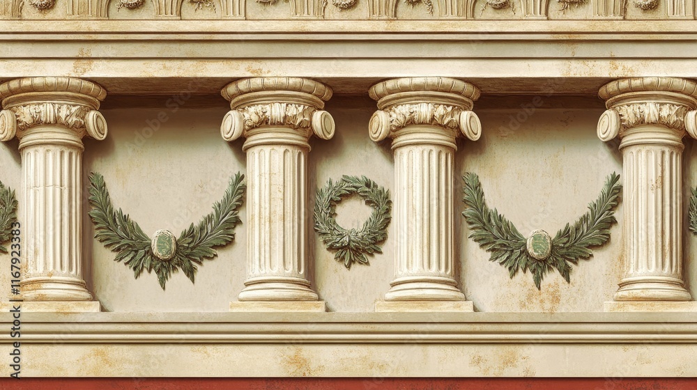 Classical columns, wreaths, ornate stonework. Classical columns, wreaths, ornate stonework.