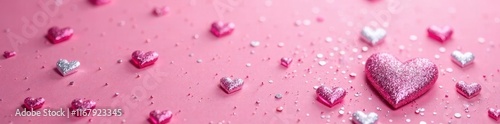 Silver glitter scattered on pink heart shaped backdrop , celebration, shiny