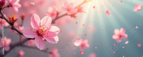 Soft pink petals drift on gentle breeze, serene spring scene, element, image