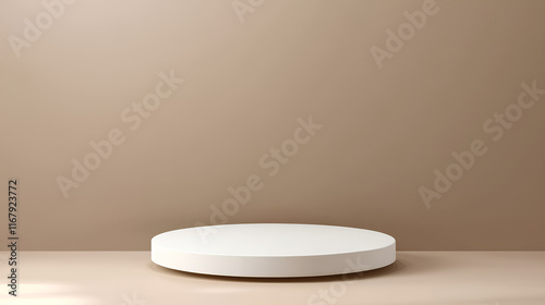 Minimalist white round podium on beige background.