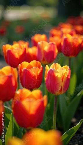 Striking row of multicolored tulips, showcasing spring's beauty , colorful flowers, springtime