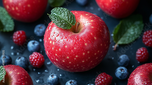 A clean-cut apple surrounded by sprigs of mint and berries, symbolizing freshness.