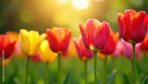 Striking row of colorful tulips, sunlight backdrop , growth, bright