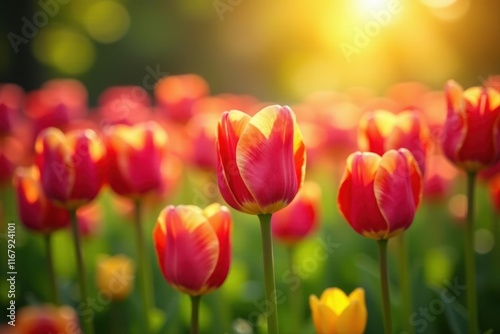 Sunlit field of diverse tulips, shallow depth of field, petals, tulip