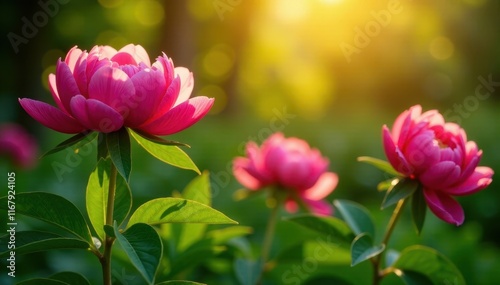 Sunlit fuchsia peonies in lush green garden setting , image, pretty