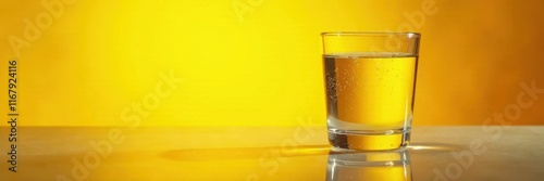Sunlit water glass, yellow backdrop, radiant reflections, sparkle, sun