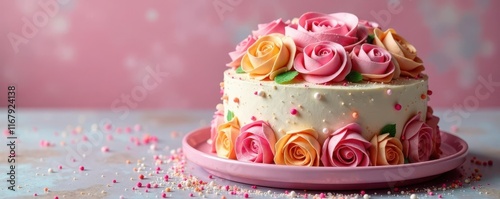 Swirled buttercream roses, edible glitter, colorful candles , candles, sparkling