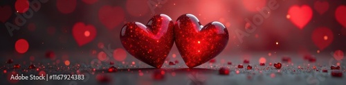 Two crimson hearts joined together, subtle light glow , love, intimacy