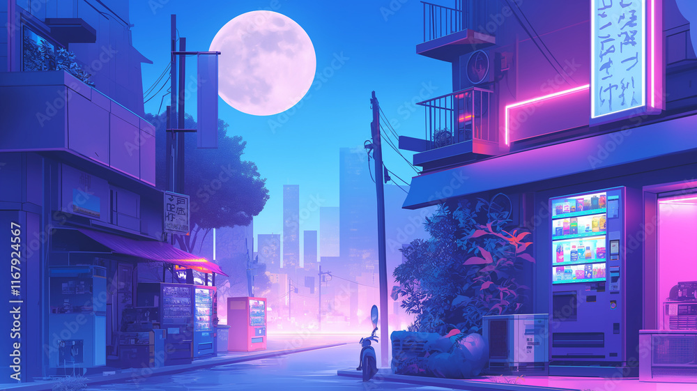 Fototapeta premium 夜の都会と寂れた商店街、自販機のあるイラスト風景