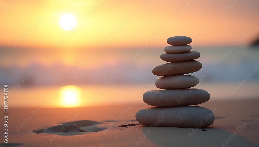 Serene Sunset Stones: A Balanced Beachscape at Golden Hour Serene Sunset Stones: A Balanced Beachscape at Golden Hour