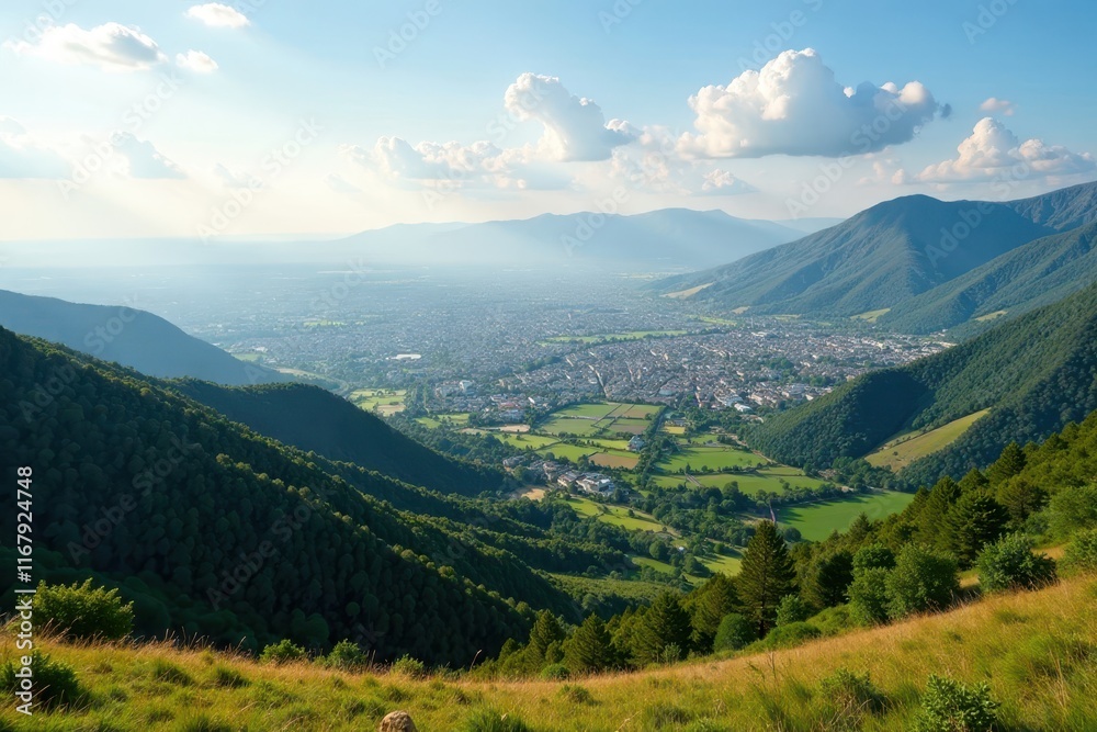 Fototapeta premium Vast landscape with sprawling cityscape in distance, landscape, architecture