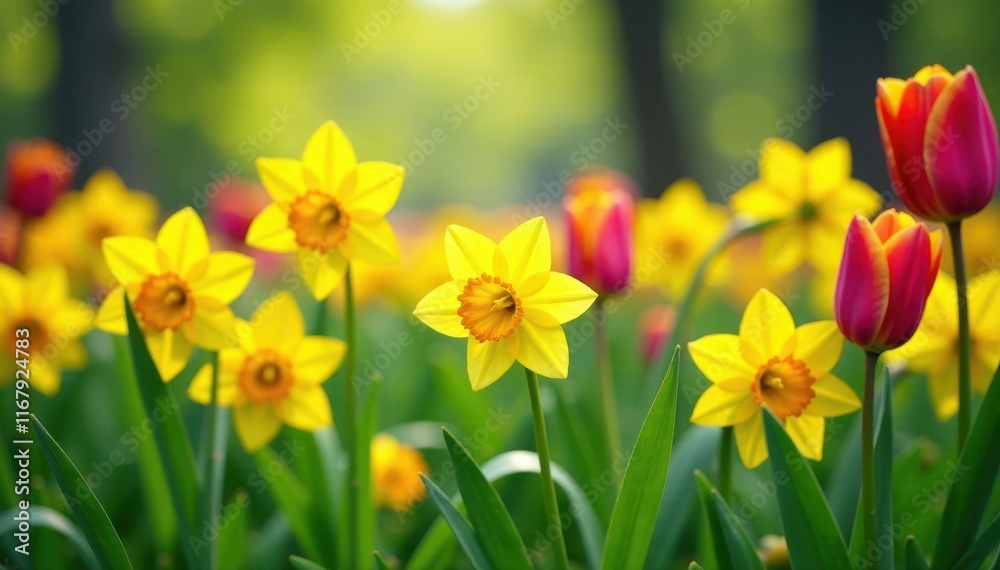 Vibrant daffodils and tulips in lush green meadow, daffodils, spring flowers Vibrant daffodils and tulips in lush green meadow, daffodils, spring flowers