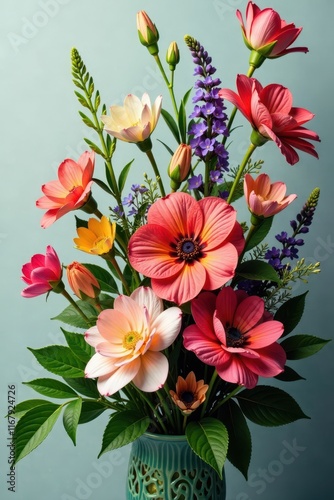 Vibrant blooms, lush greenery, artful arrangement, texture, bloom