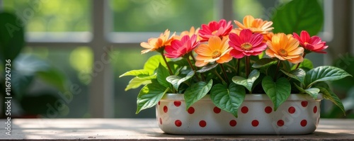 Vibrant blooms in polka dot planter, lush foliage , delightful, macro